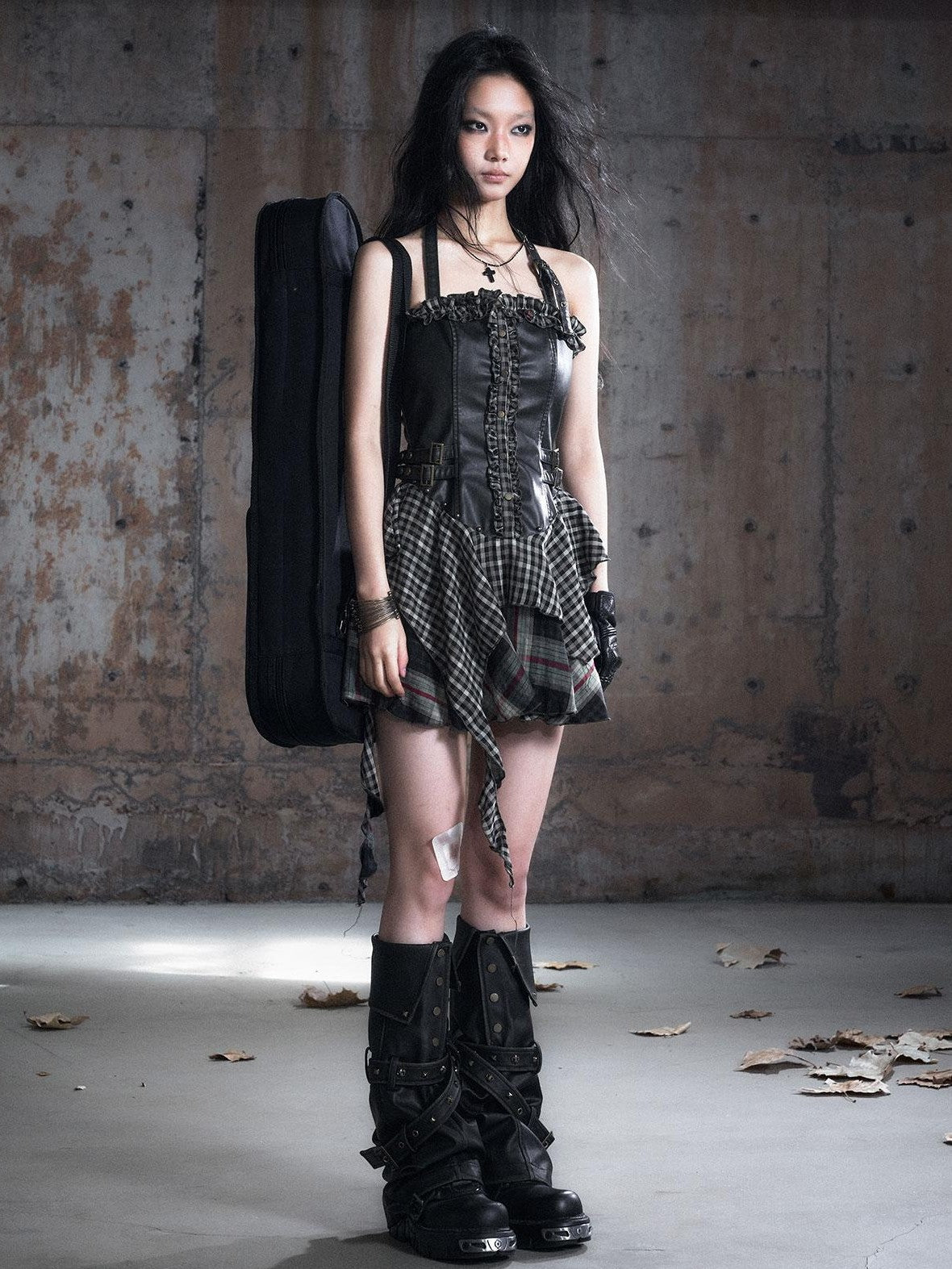 Cest Nous Punk Lace Trim Plaid Pu Spliced Cinched Women's Slip Midi Dresses