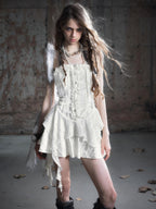 Cest Nous Punk Lace Trim Plaid Pu Spliced Cinched Women's Slip Midi Dresses