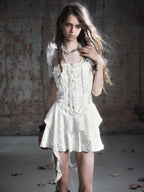 Cest Nous Punk Lace Trim Plaid Pu Spliced Cinched Women's Slip Midi Dresses