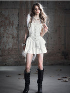 Cest Nous Punk Lace Trim Plaid Pu Spliced Cinched Women's Slip Midi Dresses