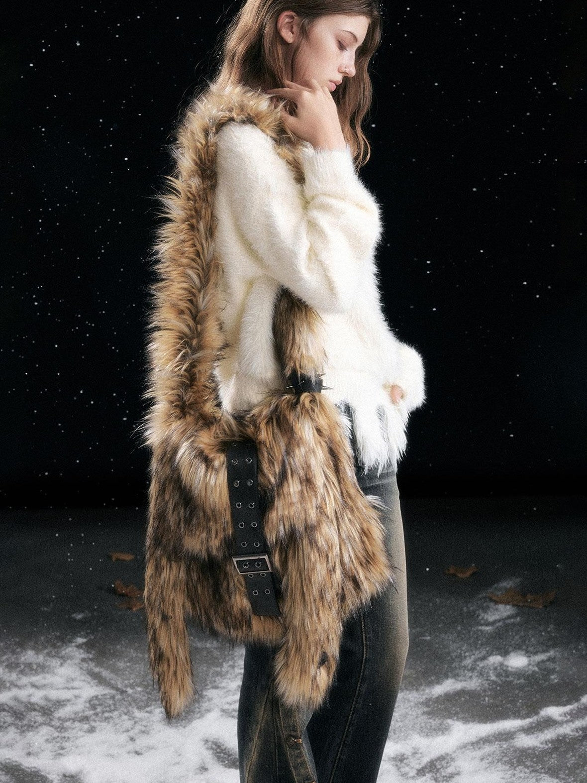 Cest Nous Punk Rabbit Ear Buckle Belt Fuzzy Plush Women's Cross Body Bags