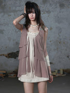 Cest Nous Punk Ruffle Studded Fringe Loose Fake Two Piece Layered Women's Cotton Slip Midi Dresses