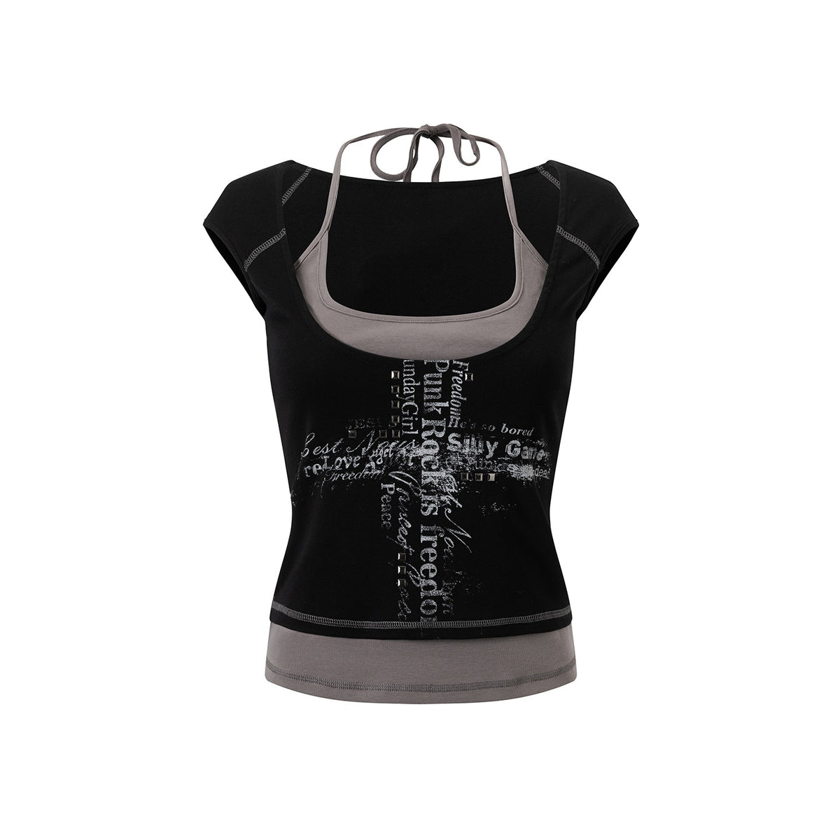 Cest_Nous_Punk_Silver_Foil_Cross_Letter_Print_Color_Block_Faux_Layered_Women's_Cotton_Short_Sleeve_T-shirts_1049723039178_MISSTT