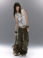 Cest Nous Punk Studded Graffiti Lace Up Hook And Loop Canvas Women's Flats
