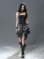 Cest Nous Streetwear Graffiti Print Plaid Asymmetric Panel Women's Cotton Strapless Midi Dresses