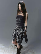 Cest Nous Streetwear Graffiti Print Plaid Asymmetric Panel Women's Cotton Strapless Midi Dresses
