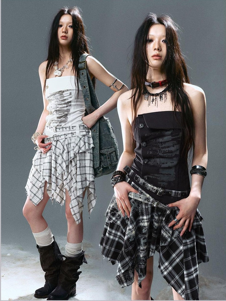Cest Nous Streetwear Graffiti Print Plaid Asymmetric Panel Women's Cotton Strapless Midi Dresses