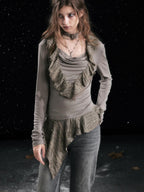 Cest Nous Studded Ruffled Draped Neck Asymmetric Spliced Women's Lyocell Long Sleeve T-shirts