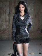 Cest Nous Vintage Faux Leather Trim Striped Cowl Neck Women's Knit Long Sleeve T-shirts