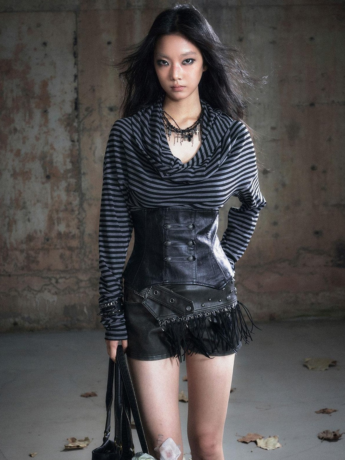 Cest Nous Vintage Faux Leather Trim Striped Cowl Neck Women's Knit Long Sleeve T-shirts