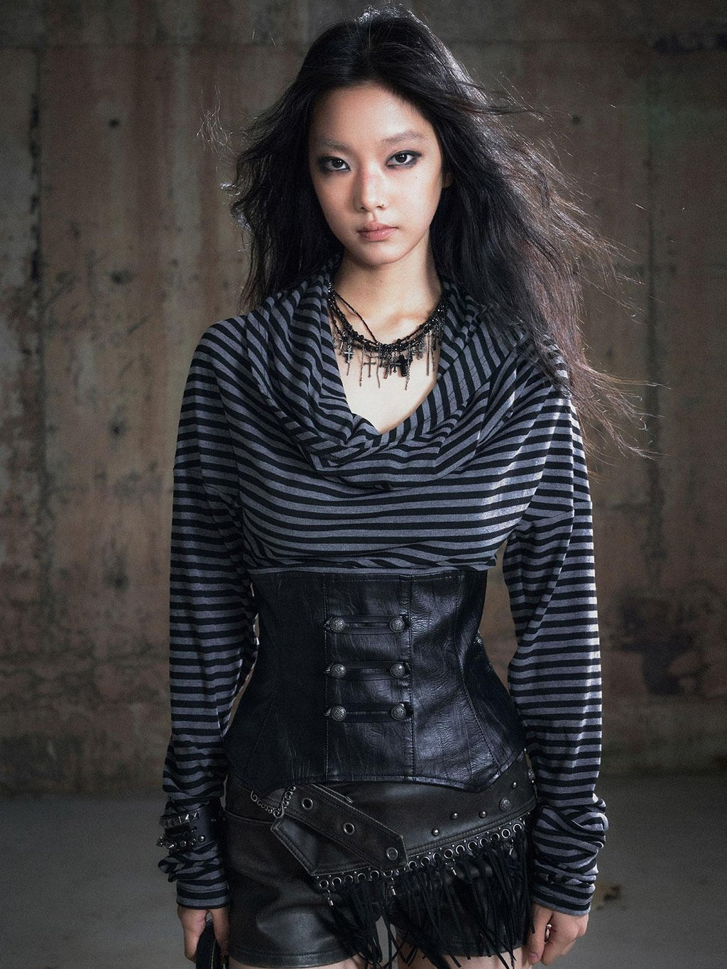 Cest Nous Vintage Faux Leather Trim Striped Cowl Neck Women's Knit Long Sleeve T-shirts