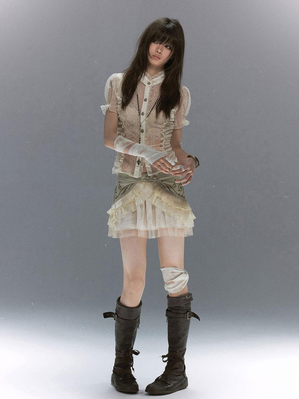 Cest Nous Vintage Studded Lace Up Tulle Spliced Layered Ruffle Women's Mini Skirts