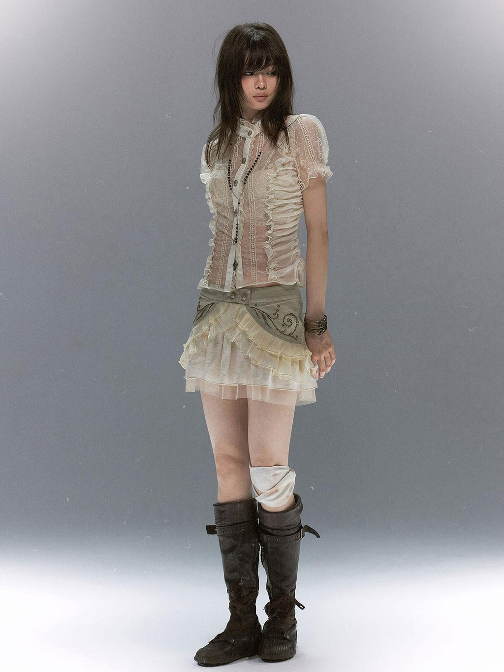 Cest Nous Vintage Studded Lace Up Tulle Spliced Layered Ruffle Women's Mini Skirts