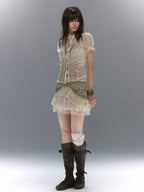 Cest Nous Vintage Studded Lace Up Tulle Spliced Layered Ruffle Women's Mini Skirts