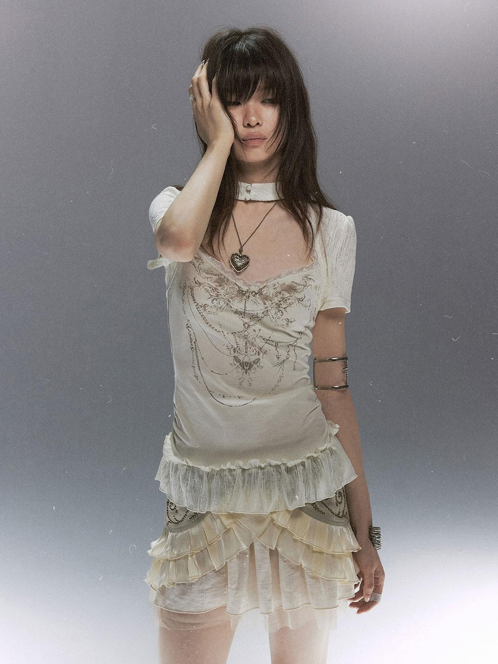 Cest Nous Vintage Studded Lace Up Tulle Spliced Layered Ruffle Women's Mini Skirts