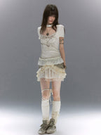 Cest Nous Vintage Studded Lace Up Tulle Spliced Layered Ruffle Women's Mini Skirts