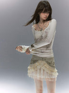 Cest Nous Vintage Studded Lace Up Tulle Spliced Layered Ruffle Women's Mini Skirts