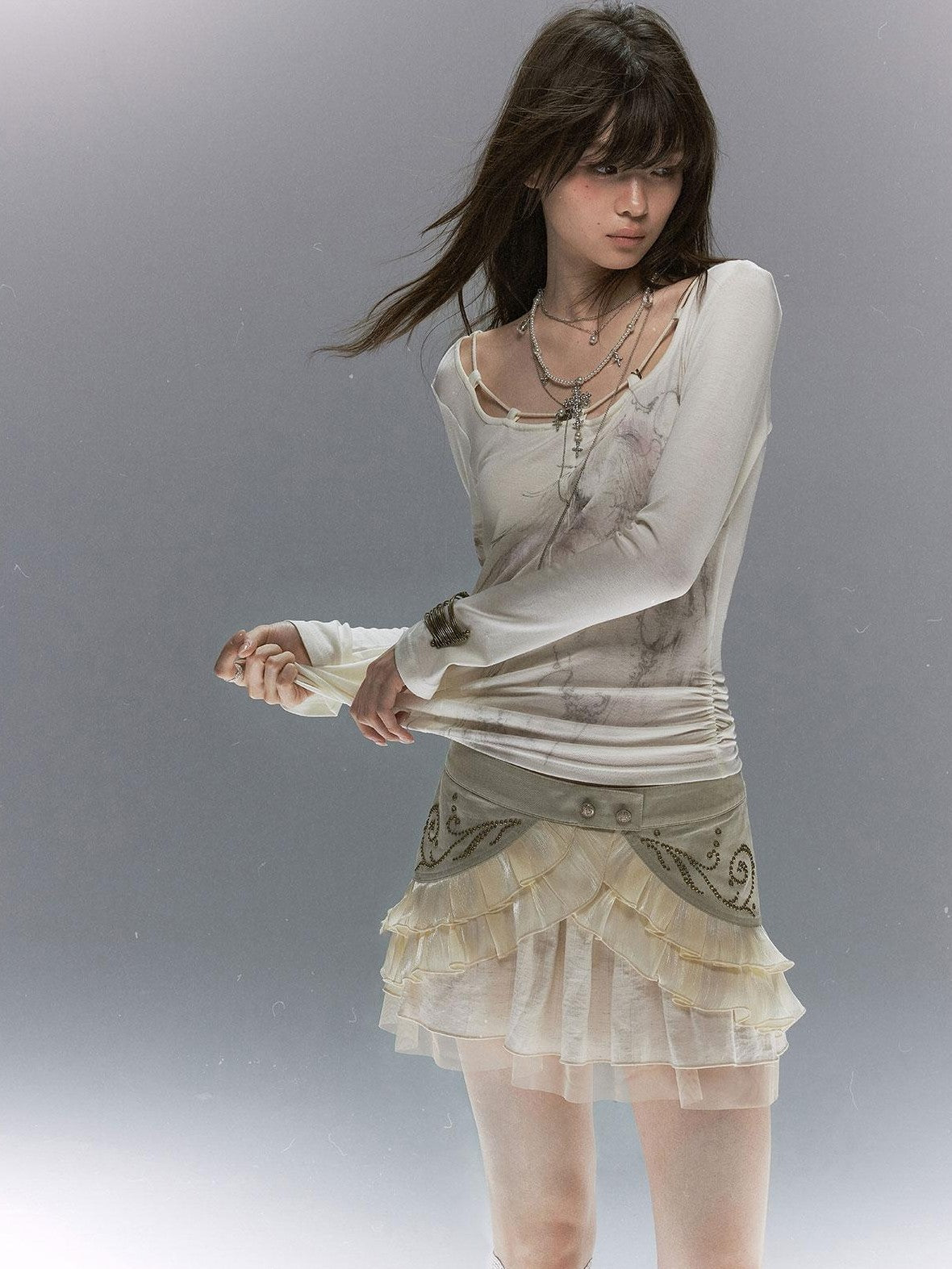 Cest Nous Vintage Studded Lace Up Tulle Spliced Layered Ruffle Women's Mini Skirts