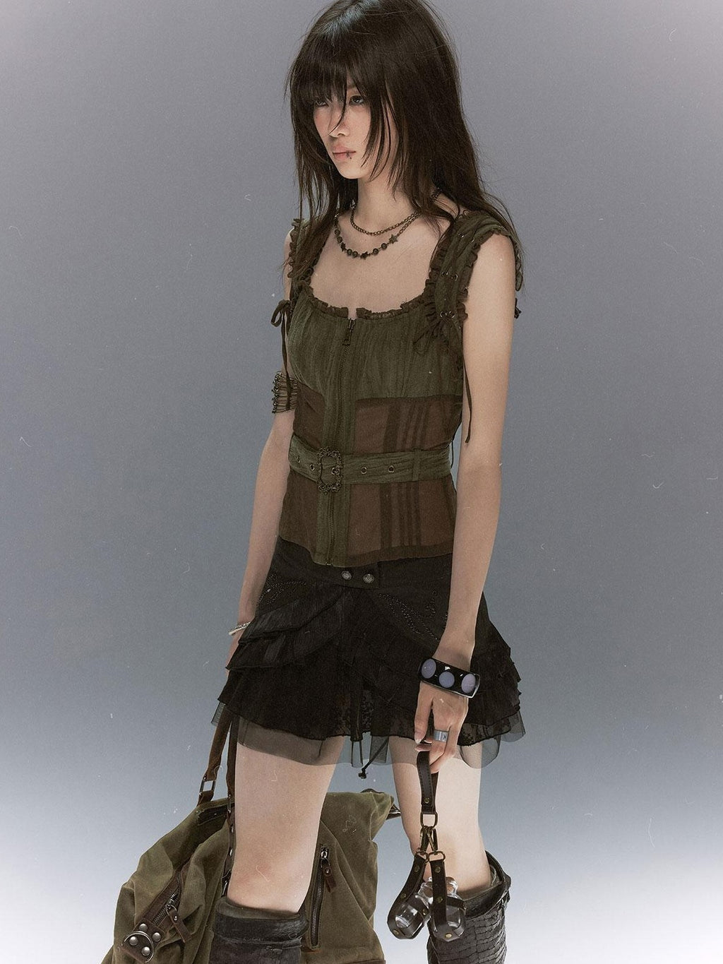 Cest Nous Vintage Studded Lace Up Tulle Spliced Layered Ruffle Women's Mini Skirts