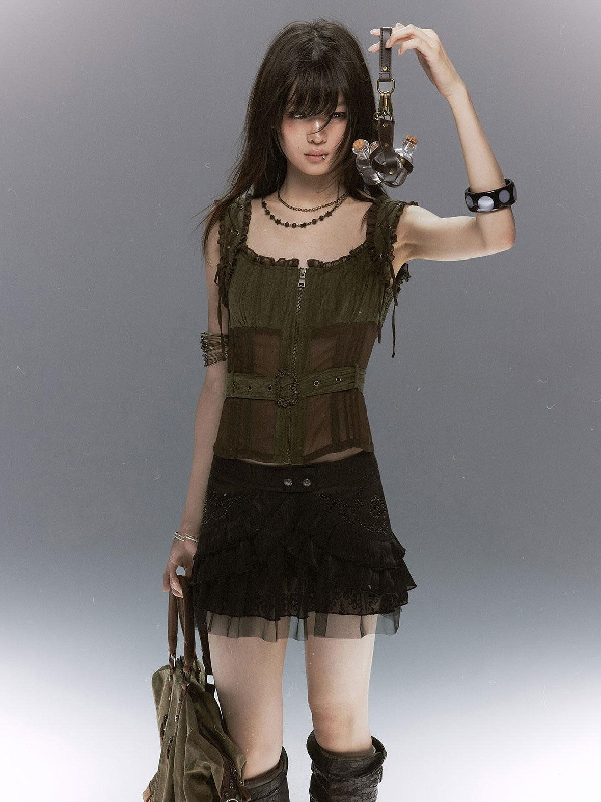 Cest Nous Vintage Studded Lace Up Tulle Spliced Layered Ruffle Women's Mini Skirts