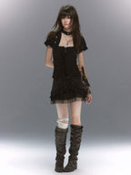 Cest Nous Vintage Studded Lace Up Tulle Spliced Layered Ruffle Women's Mini Skirts