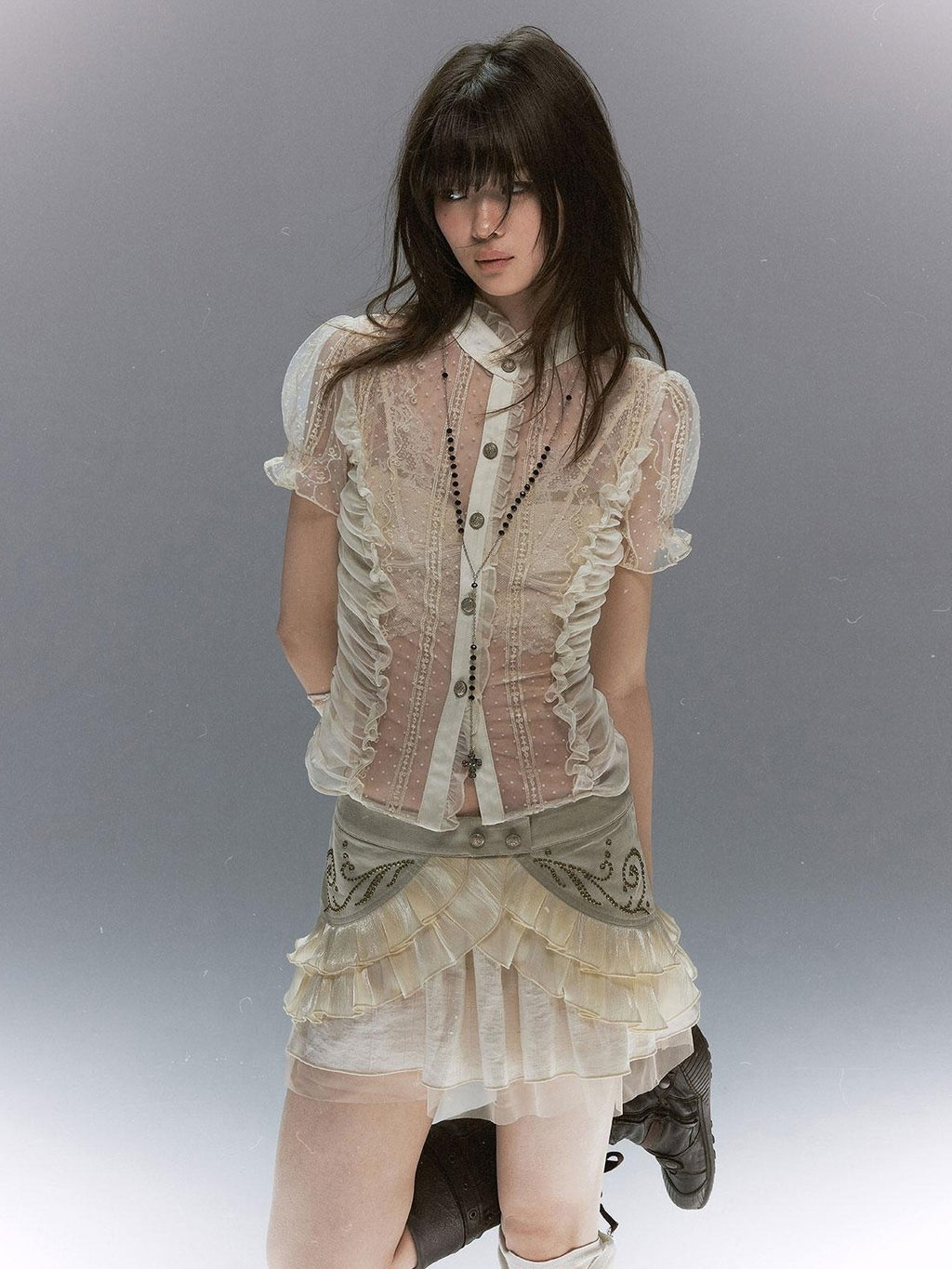 Cest Nous Vintage Studded Lace Up Tulle Spliced Layered Ruffle Women's Mini Skirts