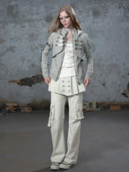 Cest Nous Vintage Washed Napoleon Pleated Panel Workwear Women's Cotton Straight Pants