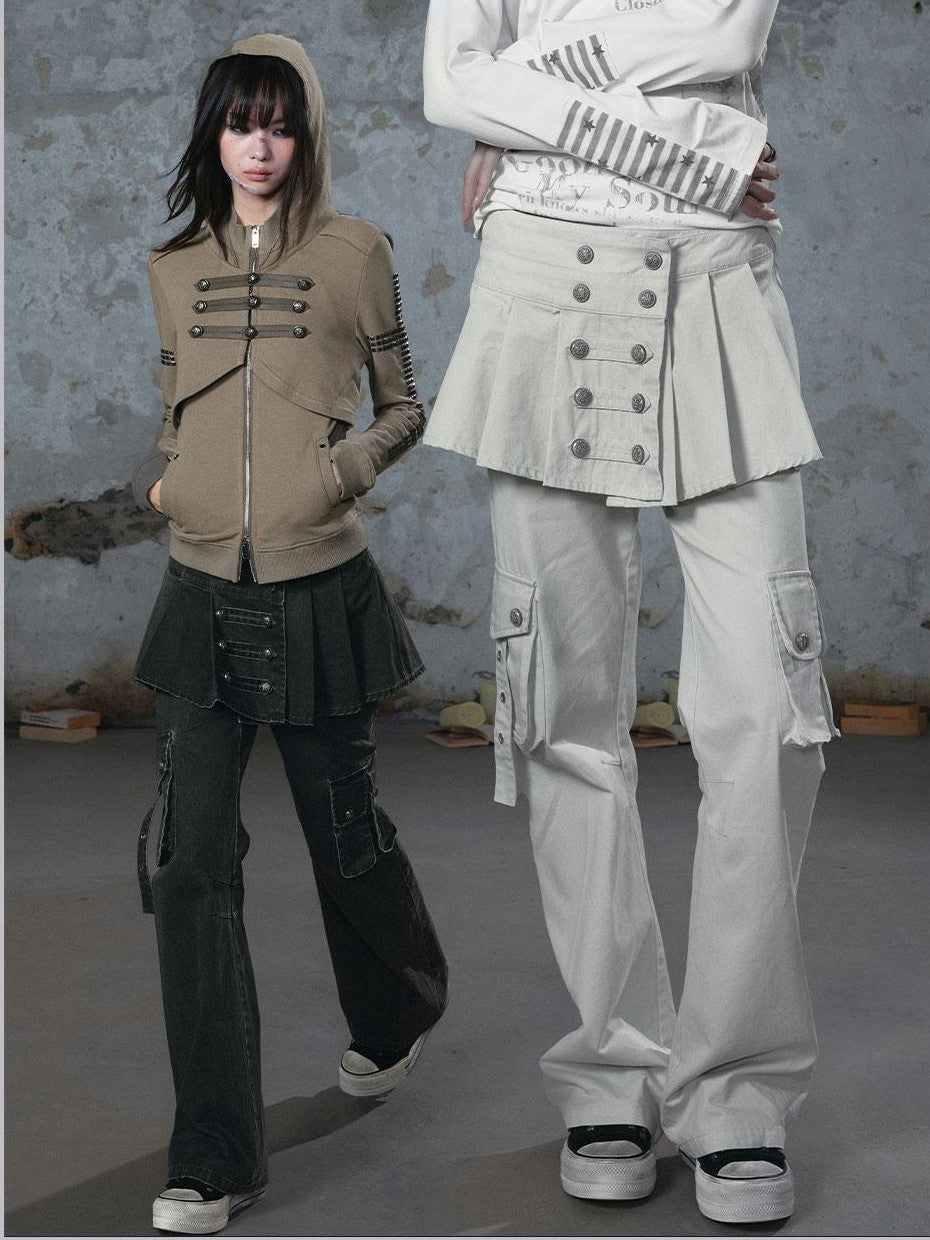 Cest Nous Vintage Washed Napoleon Pleated Panel Workwear Women's Cotton Straight Pants