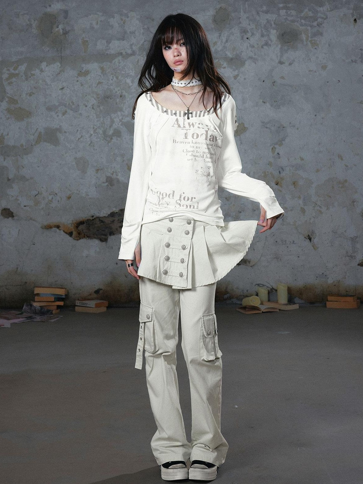 Cest Nous Vintage Washed Napoleon Pleated Panel Workwear Women's Cotton Straight Pants