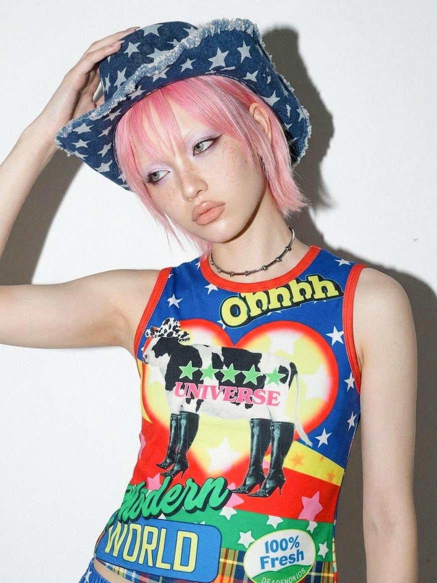 DeadEndKids American Y2k Print Stretch Slim Fit Women's Polyester Tank Tops