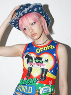 DeadEndKids American Y2k Print Stretch Slim Fit Women's Polyester Tank Tops