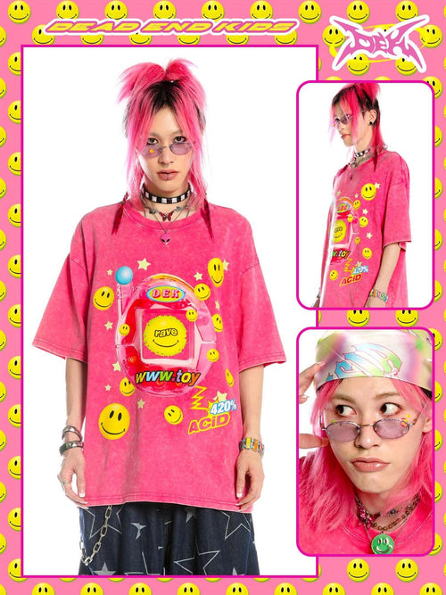 DeadEndKids Barbie Pink Y2k Tie Dye Cartoon Print Oversize Women's Cotton Short Sleeve T-shirts