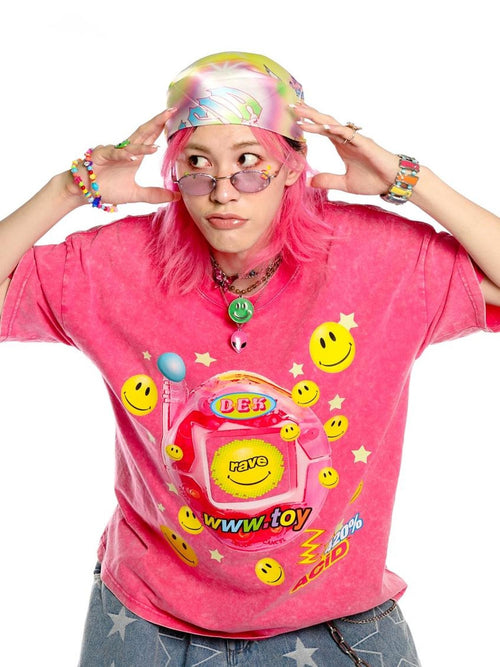DeadEndKids Barbie Pink Y2k Tie Dye Cartoon Print Oversize Women's Cotton Short Sleeve T-shirts