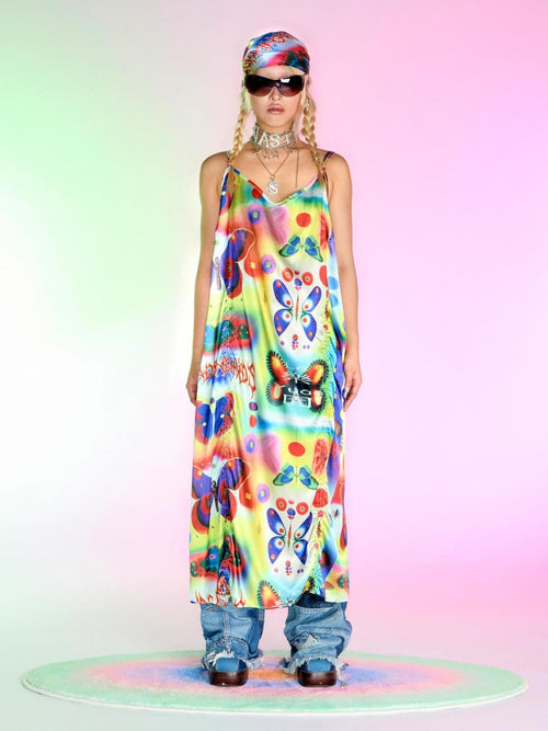 DeadEndKids Butterfly New Chinese Y2k High Waist V-neck Women's Polyester Slip Maxi Dresses
