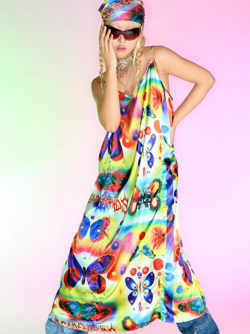 DeadEndKids Butterfly New Chinese Y2k High Waist V-neck Women's Polyester Slip Maxi Dresses