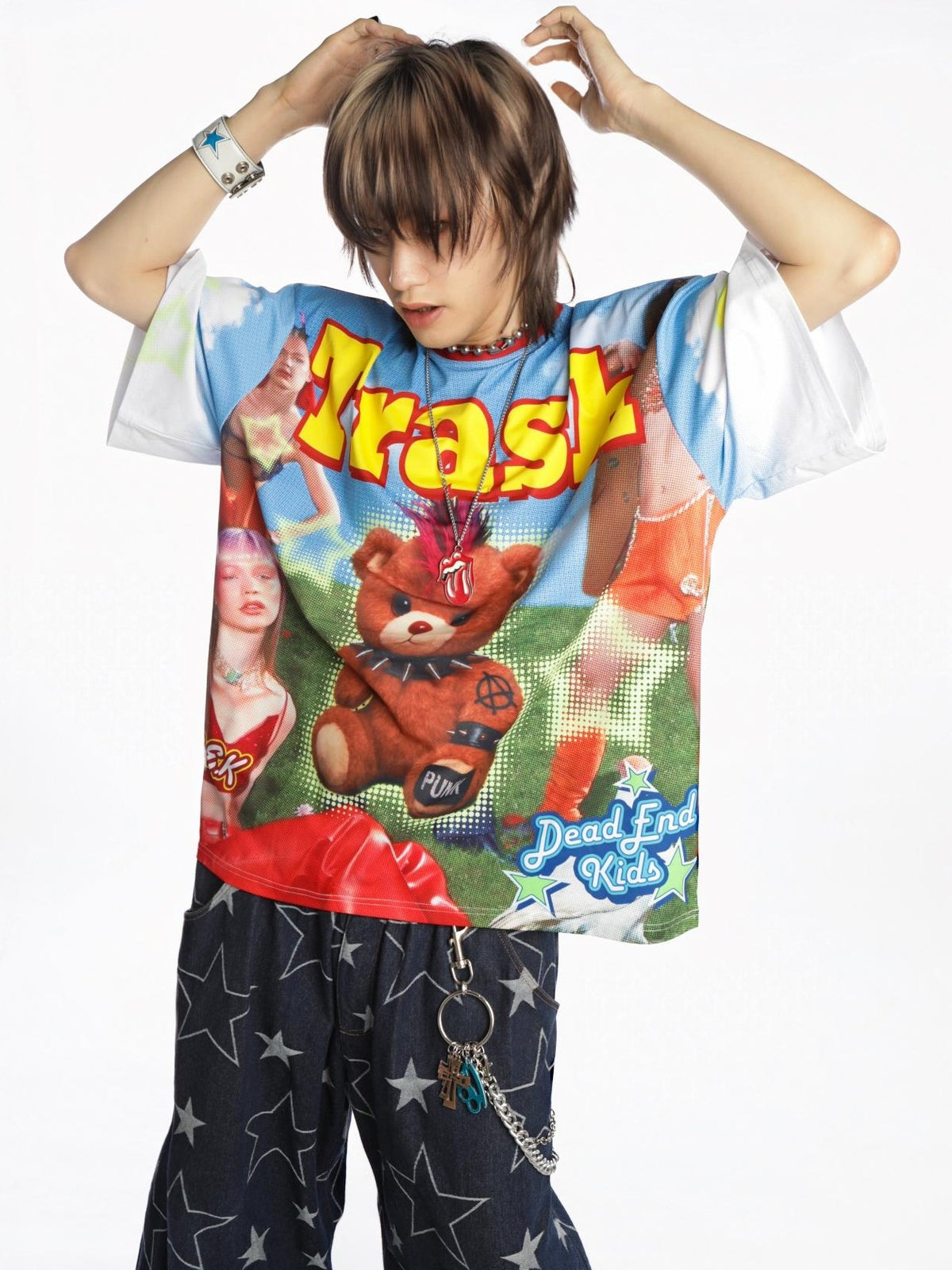 DeadEndKids Cartoon Bear Print Loose Fit Polyester Women's Short Sleeve T-shirts