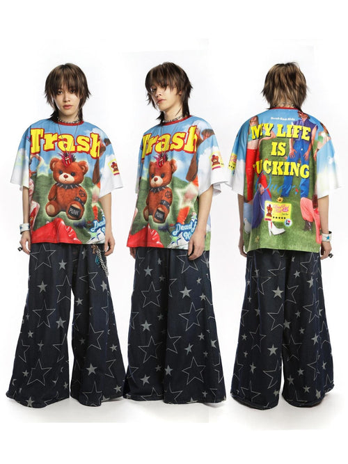 DeadEndKids Cartoon Bear Print Loose Fit Polyester Women's Short Sleeve T-shirts