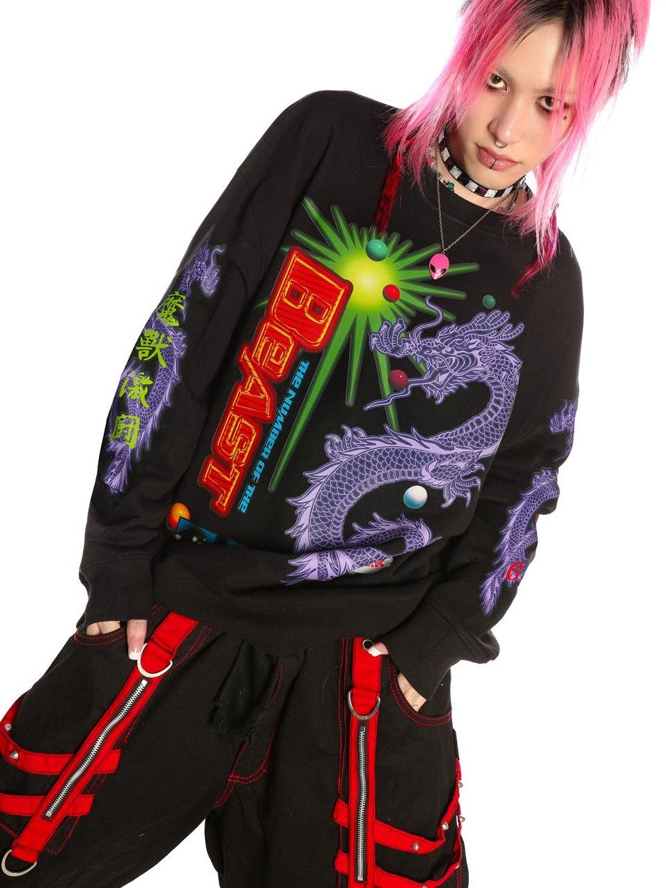 DeadEndKids Dragon Print Loose Long Sleeve Cotton Women's Sweatshirts