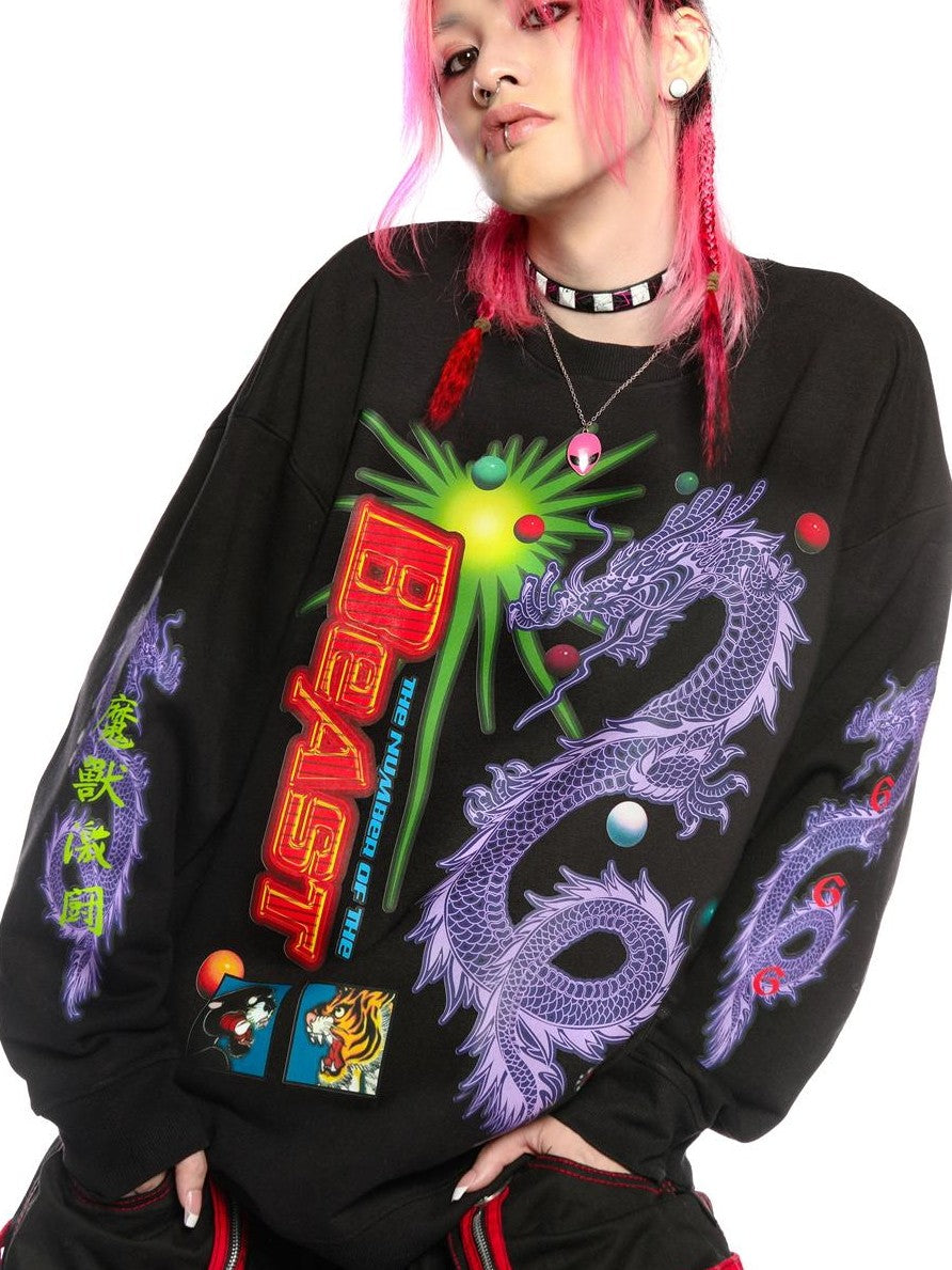 DeadEndKids Dragon Print Loose Long Sleeve Cotton Women's Sweatshirts