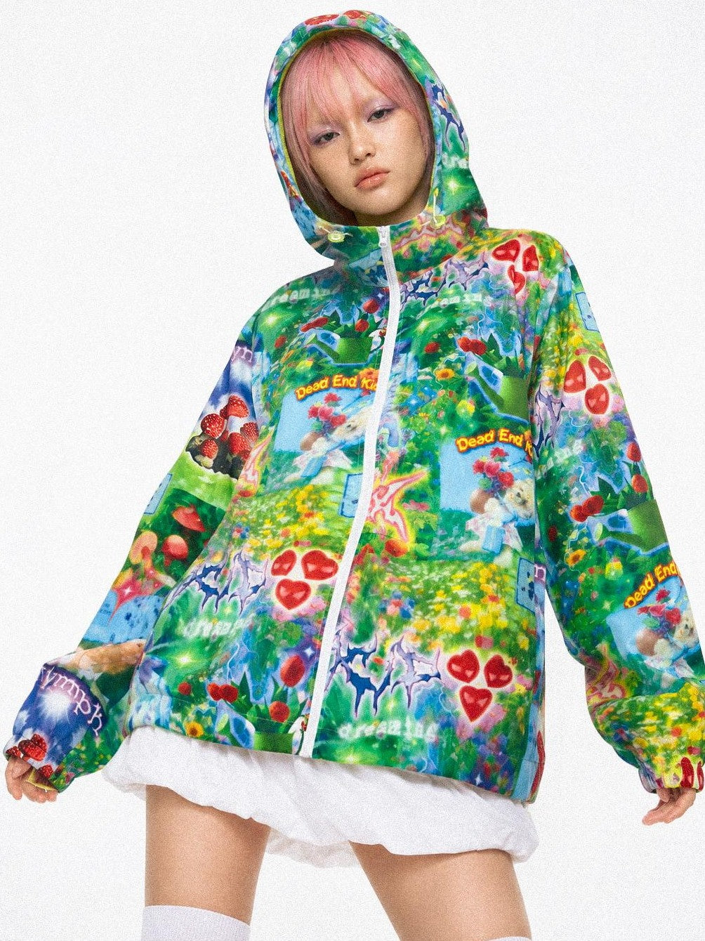 DeadEndKids Dreamcore Botanical Print Loose Fit Hooded Three Proof Women's Polyester Windbreakers