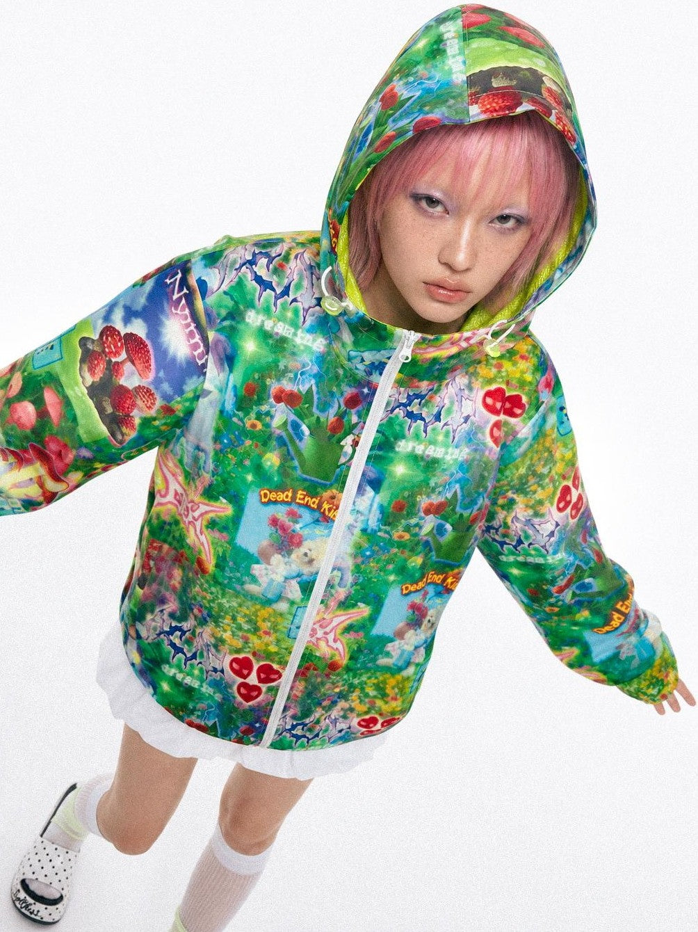 DeadEndKids Dreamcore Botanical Print Loose Fit Hooded Three Proof Women's Polyester Windbreakers