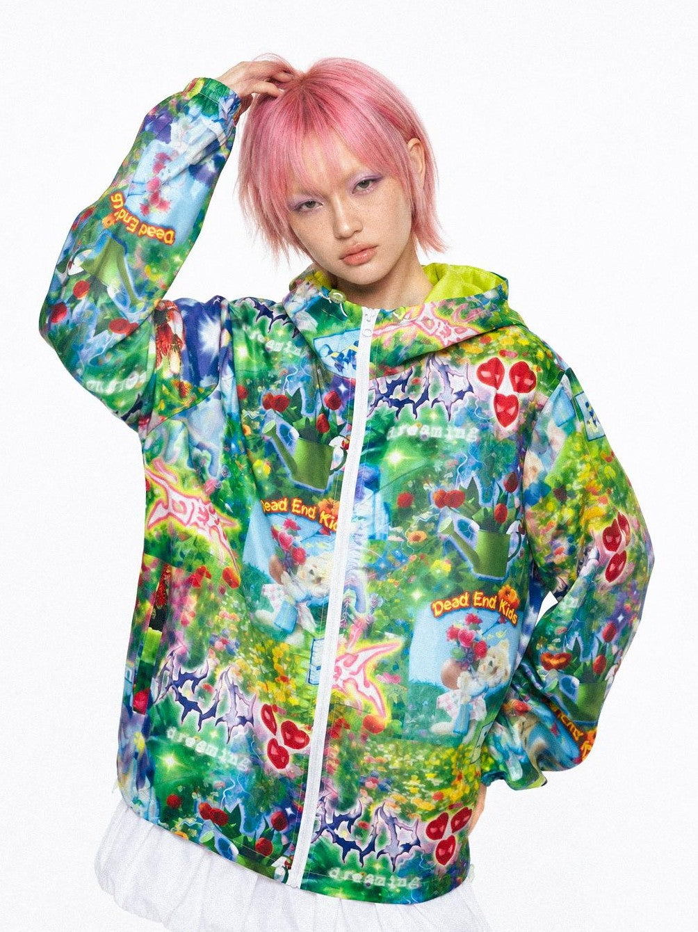 DeadEndKids Dreamcore Botanical Print Loose Fit Hooded Three Proof Women's Polyester Windbreakers