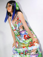 DeadEndKids Dreamy Print Satin A Line V-neck Women's Slip Midi Dresses