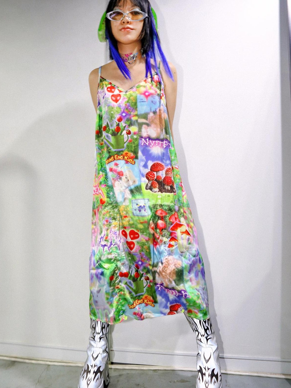 DeadEndKids Dreamy Print Satin A Line V-neck Women's Slip Midi Dresses