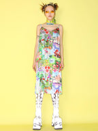 DeadEndKids Dreamy Print Satin A Line V-neck Women's Slip Midi Dresses