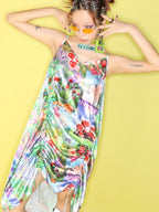 DeadEndKids Dreamy Print Satin A Line V-neck Women's Slip Midi Dresses