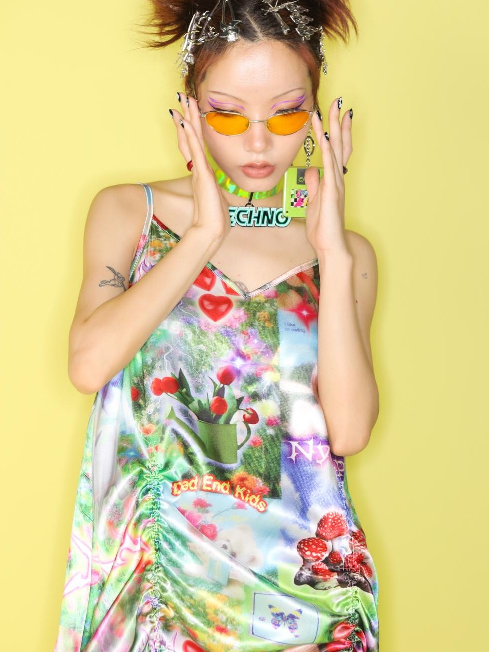 DeadEndKids Dreamy Print Satin A Line V-neck Women's Slip Midi Dresses