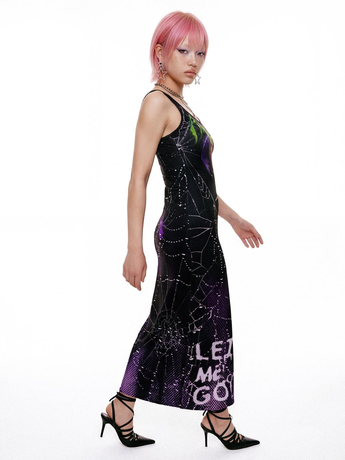 DeadEndKids Gothic Print Fitted Sleeveless Women's Polyester Slip Maxi Dresses
