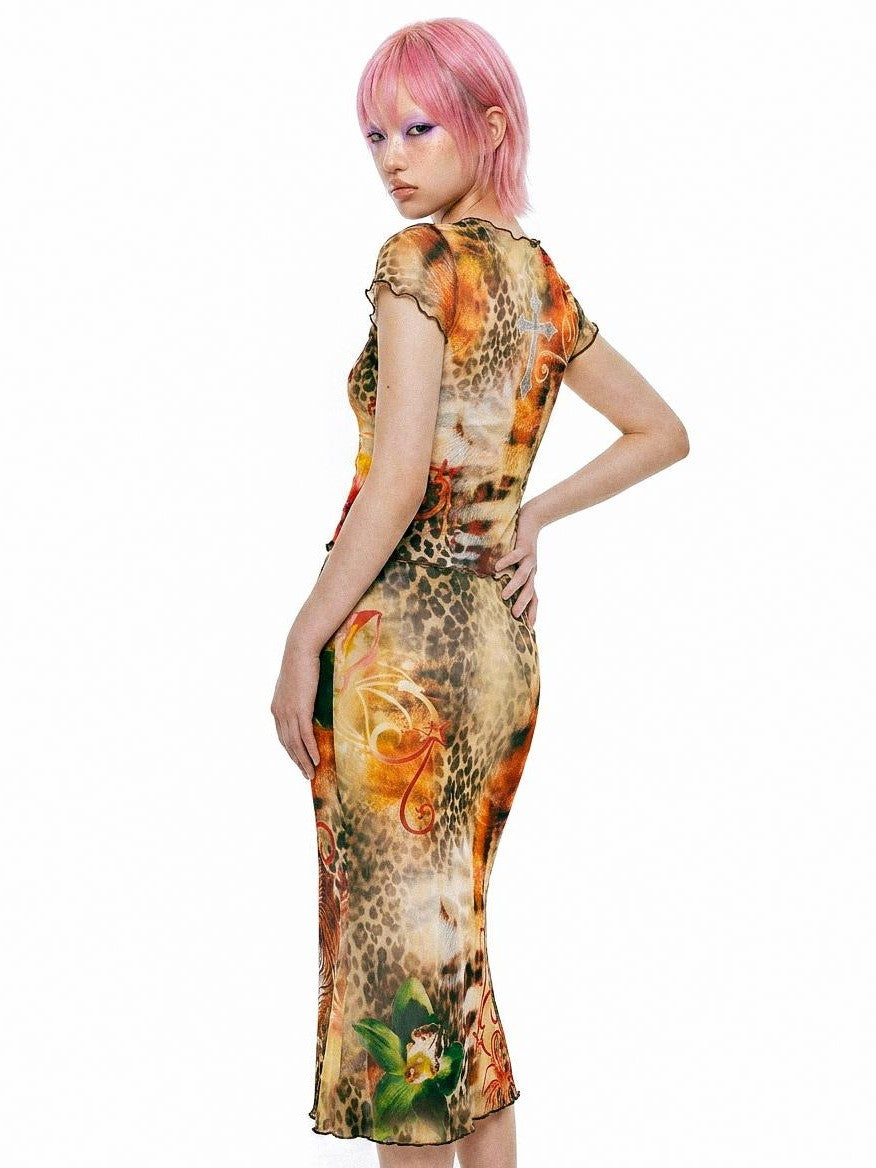 DeadEndKids Leopard Print Ruched Sleeve Slim Fit Mesh Mermaid Women's Top & Skirt Sets