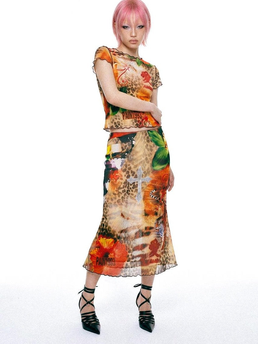DeadEndKids Leopard Print Ruched Sleeve Slim Fit Mesh Mermaid Women's Top & Skirt Sets